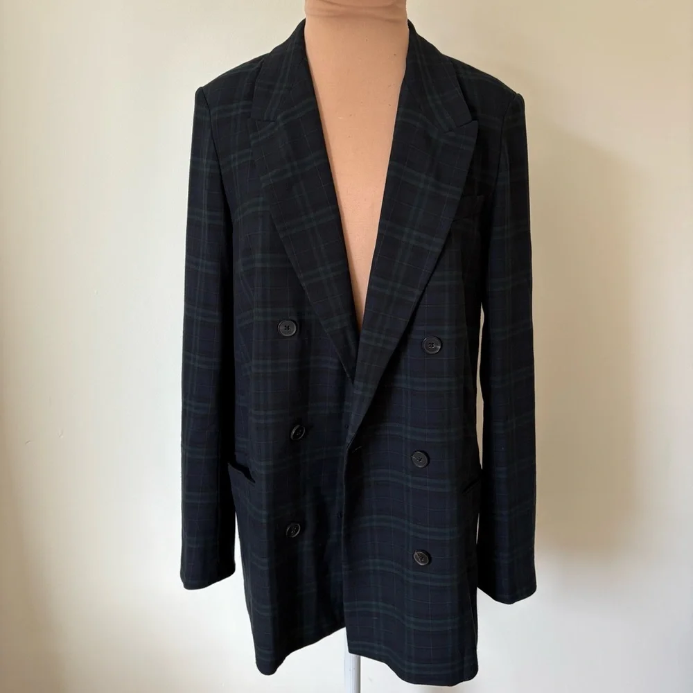 Aritzia Babaton Samuel Double Breasted Navy Everest Green Plaid Blazer Size 6